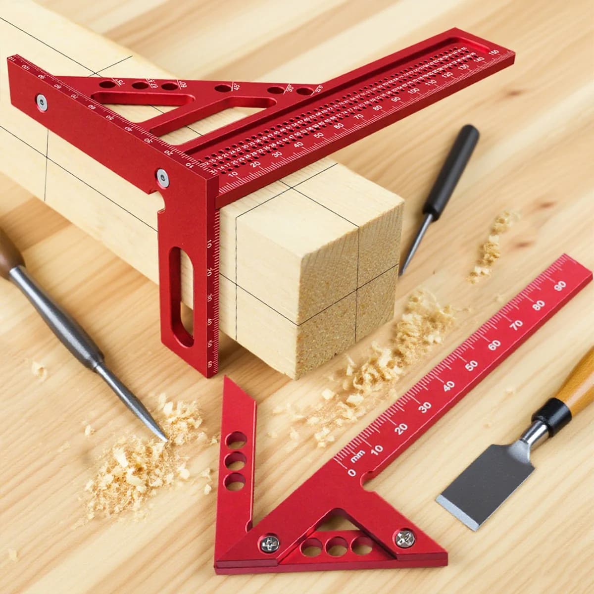 Kit da 2 pezzi Righello Triangolare Metrico e Tracciatore per Falegnameria
