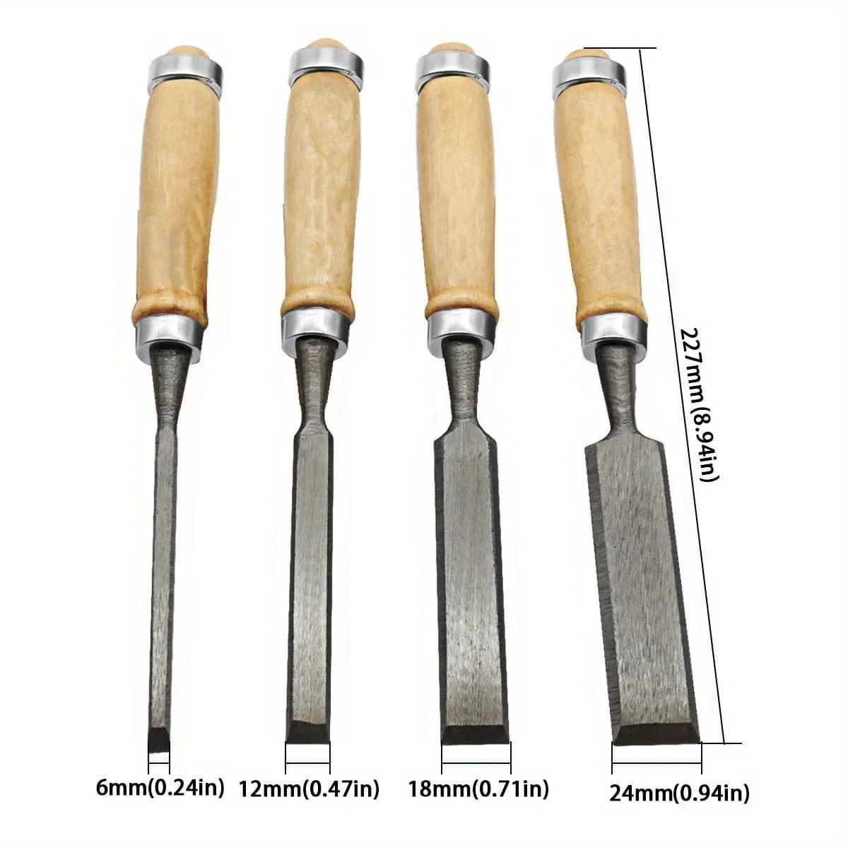 Set di 4 scalpelli da legno con manico in faggio, 8/12/16/20mm
