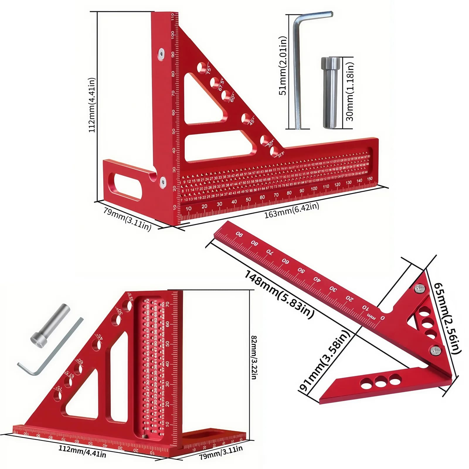 Kit da 2 pezzi Righello Triangolare Metrico e Tracciatore per Falegnameria