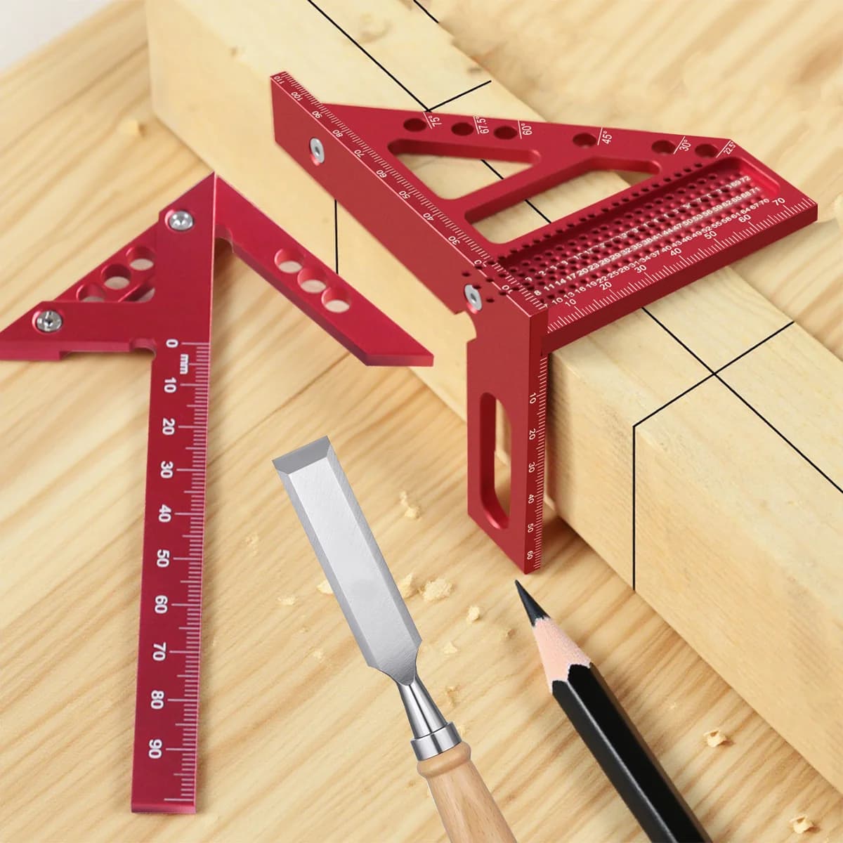 Kit da 2 pezzi Righello Triangolare Metrico e Tracciatore per Falegnameria