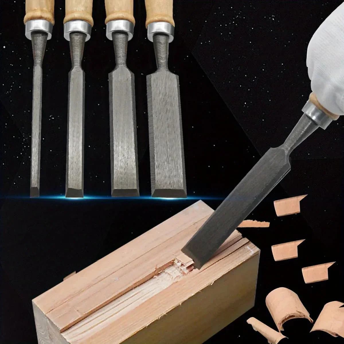 Set di 4 scalpelli per legno con manici in faggio, 8-20mm
