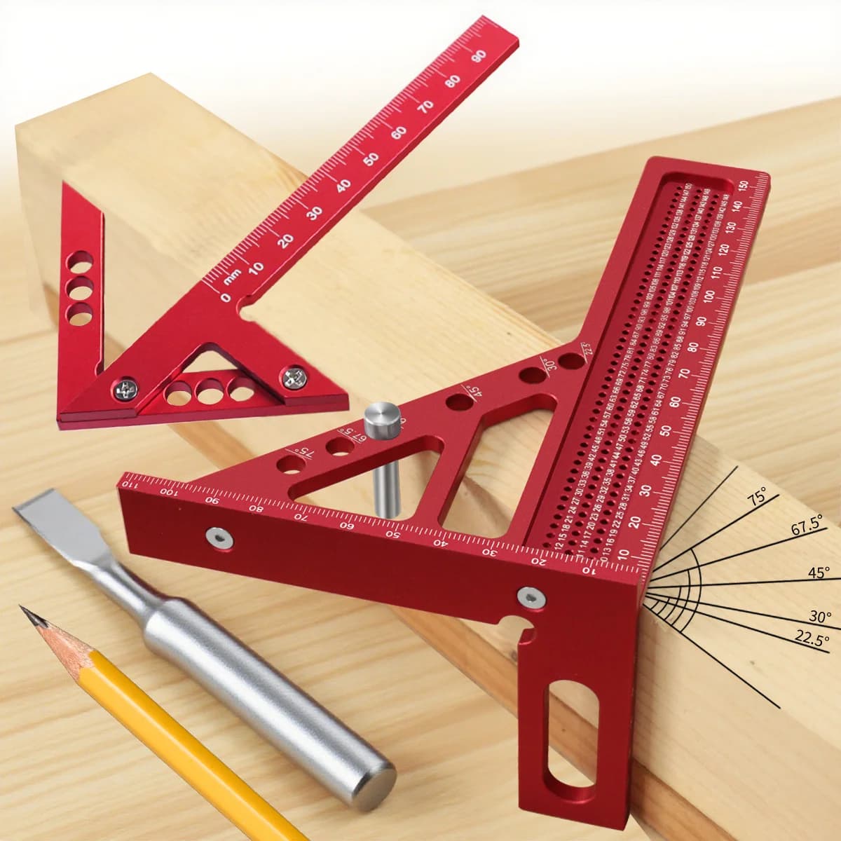 Kit da 2 pezzi Righello Triangolare Metrico e Tracciatore per Falegnameria