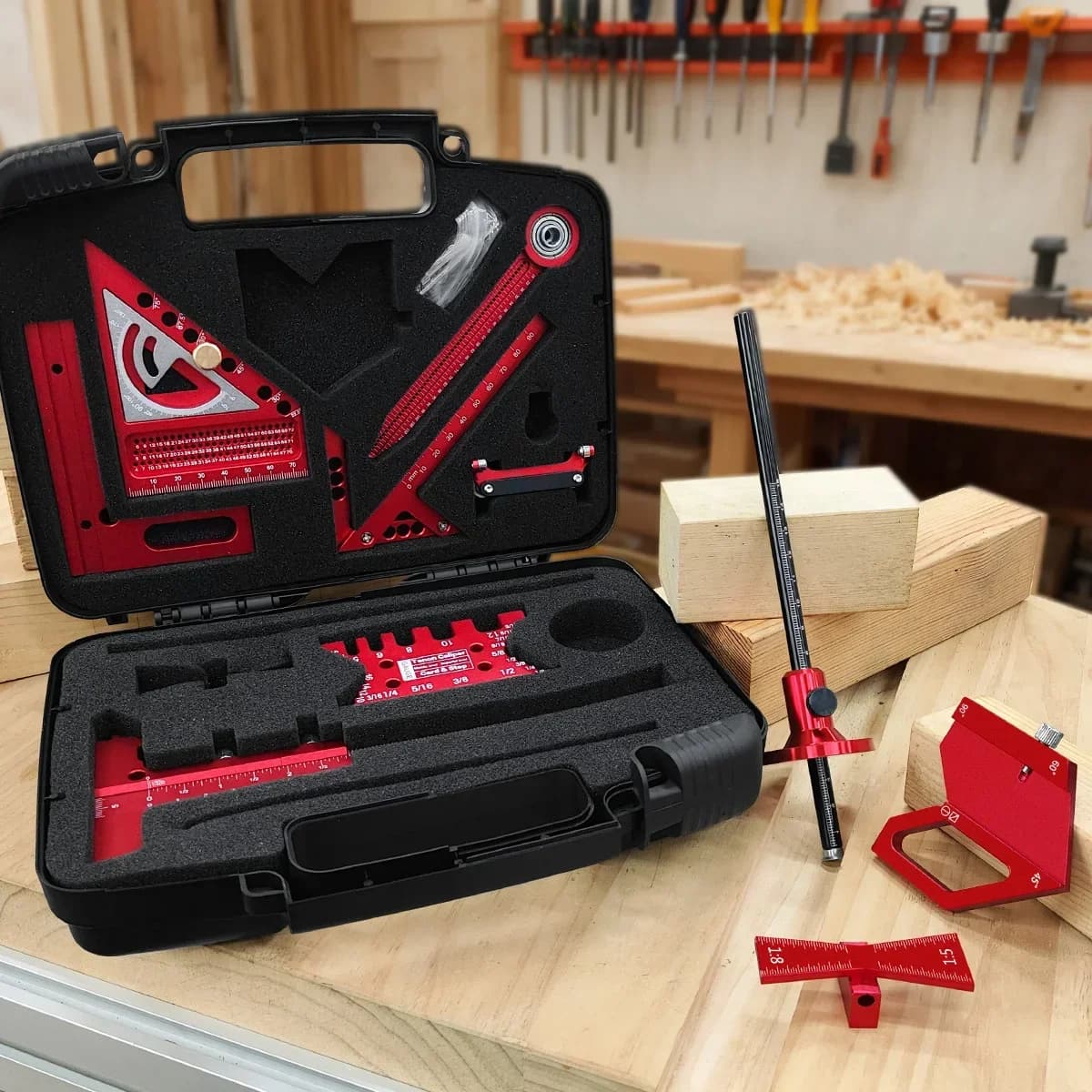 Kit da 9 pezzi per lavorazione del legno con compasso e guida di affilatura