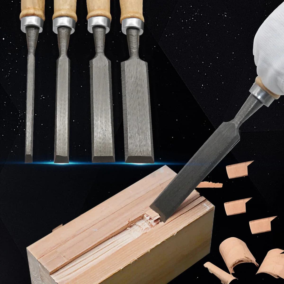 Set di 4 scalpelli per intaglio del legno con manici in faggio